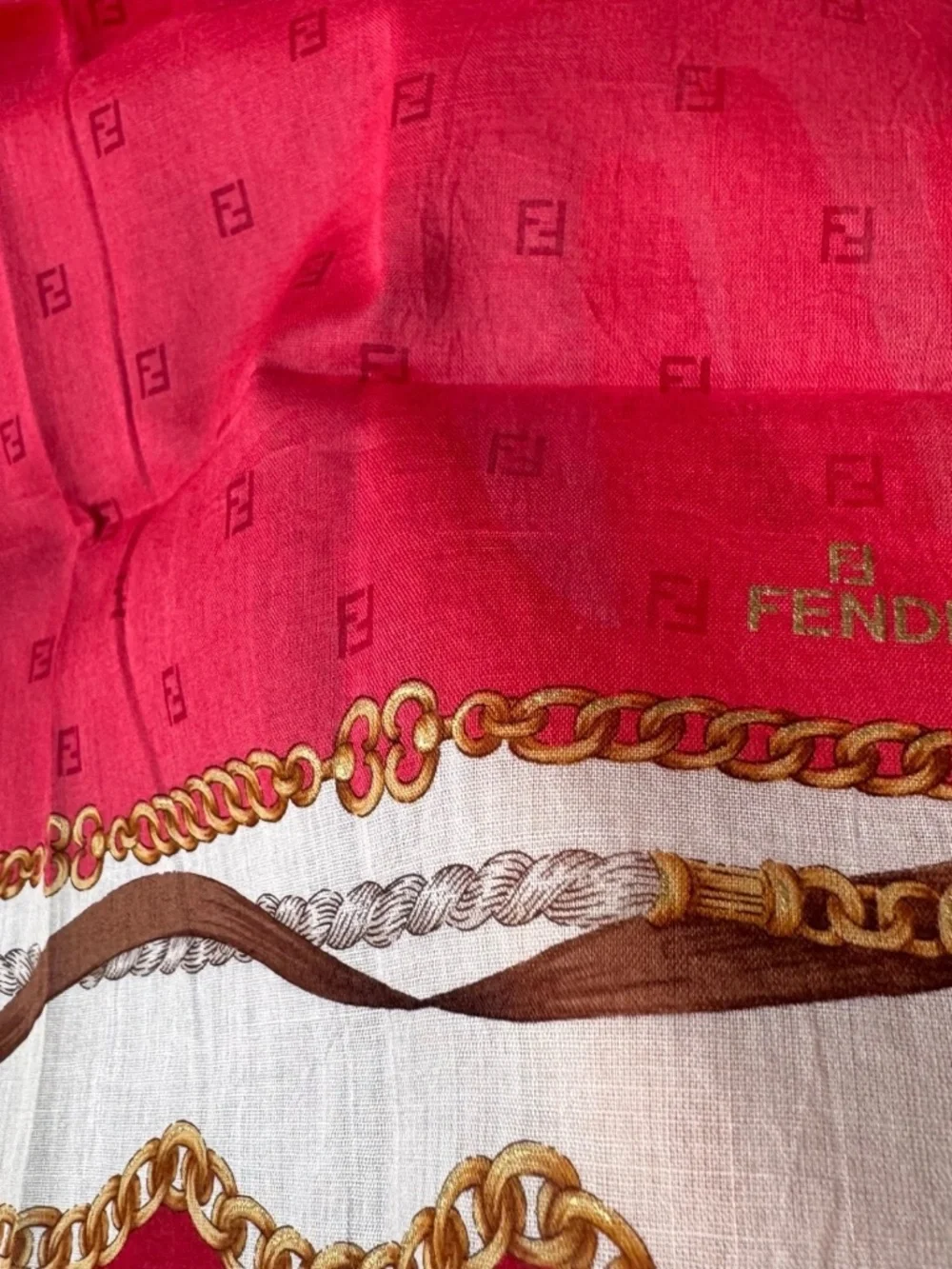 Vintage Fendi Scarf Handkerchief Neckerchief Pocket Square Chain Bow Red 17x17